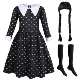 Berich Girls Black Costume with Socks Black Dressing up Kids Gothic School Fancy Dress Black Dress World Book Day Role Play Dress up Black Costume Cosplay Black Princess Dress 7-8 Years(Black,140)
