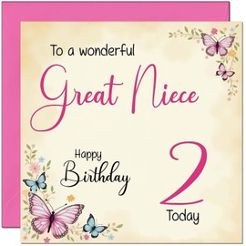 2nd Great Niece Birthday Card - Beautiful Butterfly Floral Great Nieces Birthday Card for 2 Year old Kids two, second