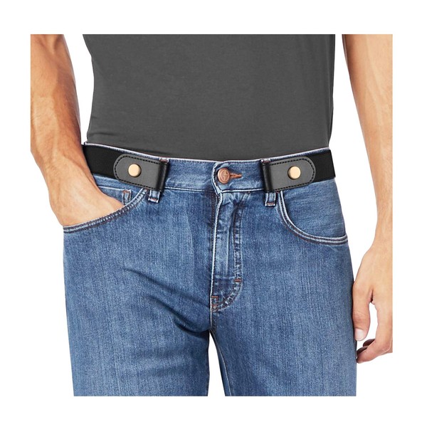 WHIPPY No Buckle Stretch No Show Belt for Men 1.38 inches Wide, Buckless Invisible Elastic Belt for Jeans Pants (Black, Small Size 30-48 inches)