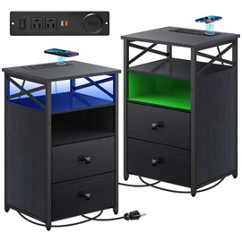 Livofloral LED Nightstands with Wireless Charging Station, End Tables Set 2 with LED Lights, Bedside Table with Wooden Drawers, Black Night Stands Set of 2 for Bedrooms, Side Tables Living Room