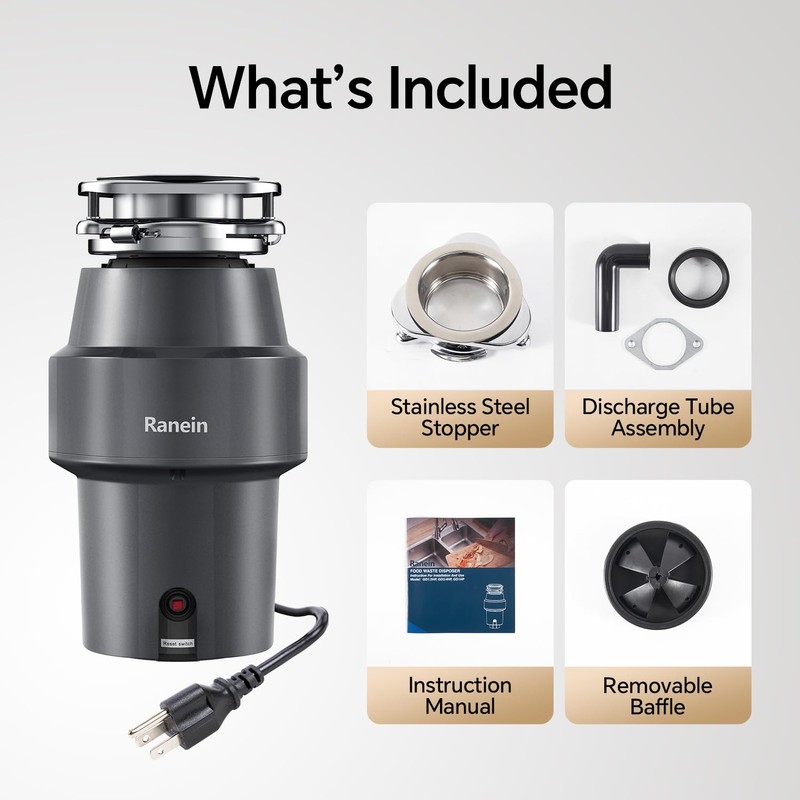 Ranein 1/2 HP Garbage Disposal with Power Cord, Quiet Stainless