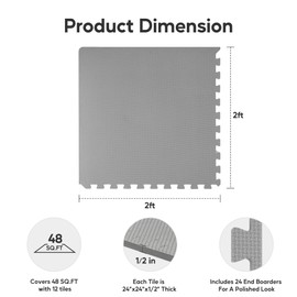 HealSmart ½ Inch Puzzle Exercise Mat, High-Density EVA Foam Floor Tiles for Home Gym, Workout Equipment, Protective Floor Padding & Kids' Play Areas, Grey, 48 Sq Ft - 12 Tiles