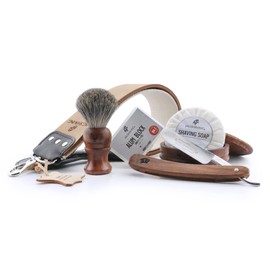 Jag Shaving Shaving Set - 6 Piece Shaving Set - Razor - Super Badger Hair Shaving Brush - Shaving Soap - Shaving Bowl with Lid - Alum Block - Scraper Leather - Wooden Gift Set