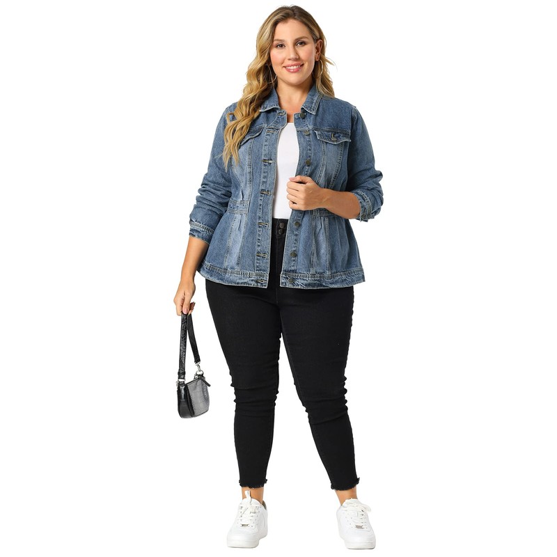 Agnes Orinda Plus Size Denim Jackets for Women Classic Washed