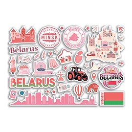 A5 Sticker Sheet Belarus Pink Landmarks Vinyl Stickers - Minsk Map Airport Stamp Skyline Flag Travel Holiday City Country Aesthetic #80340