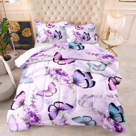 XYNHML Lavender Butterfly Comforter Set for Girl Kid Adult Colorful Butterfly Pattern Bedding Set Aesthetics Butterflies Quilt Bed Set Full Size with 1 Comforter and 2 Pillowcases