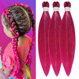 Magenta Pink Tinsel Kids Braiding Hair Pre stretched for Glitter Braids