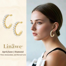 Linawe Gold Plated Hoop Earrings for Women Trendy, Cubic Zirconia Thick Chunky Half Hoop Earrings, Hypoallergenic Stainless Steel Birthstone Rhinestone Imitation Diamond Earrings