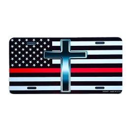 DIGIART INTERNATIONAL HOLY CROSS AMERICAN FLAG THIN RED RELIGIOUS PATRIOTIC METAL CAR LICENSE PLATE.