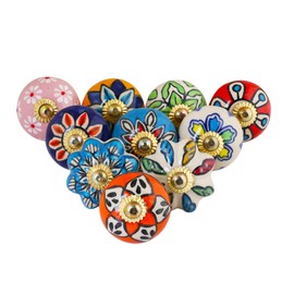 VMS CRAFTS Ceramic Door Knobs Pack of 10 Multicolor Antique Hand Painted Boho Design, Dresser, Drawer Furniture Decorative, Kitchen Handles, Ceramic Cabinet Knobs