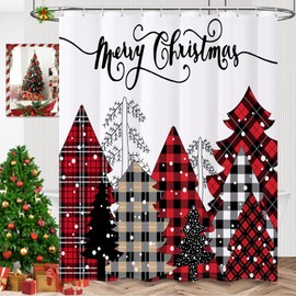 REZAYMRS Merry Christmas Red Tree Shower Curtain with 12 Hooks, 72''x72'' Waterproof Polyester Fabric Machine Washable, Quick Dry, Weighted Hem Shower Curtains for Bathroom Wall Christmas Party Decor