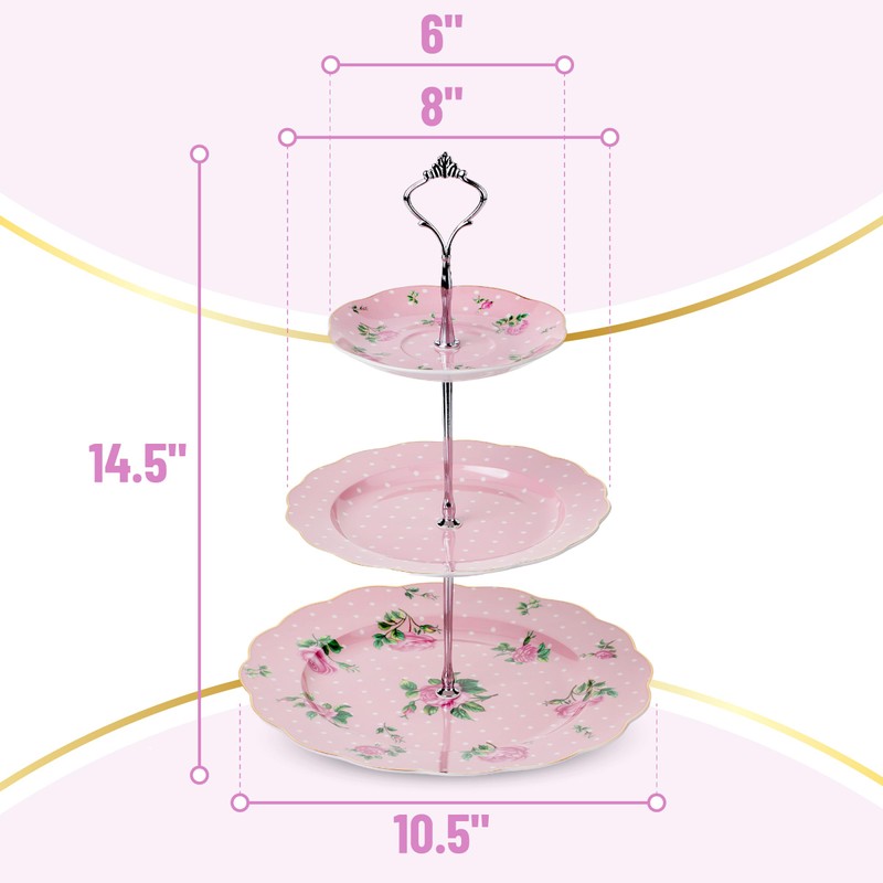 BTaT- Floral 3 Tier Cake Stand, Porcelain, Pastel Pink with
