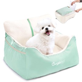 BurgeonNest Dog Car Seat for Small Dogs, Detachable and Washable Cat Carseats Under 25 lbs, Soft Pet Booster Seats with Storage Pockets and Clip-On Leash Portable Car Travel Carrier Bed, Beige Green