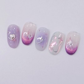 Purple Stella Handmade Nail Tips - Coffin Midi / 퍼플스텔라 수제네일팁 - 코핀미디