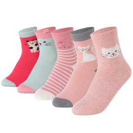 SUNBVE 5 Pack Little Big Girls Cat Crew Cotton Socks