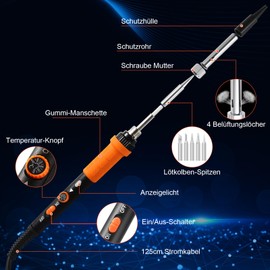 Lötkolben Set, Wiecok 60W Lötkolben mit Temperatur Einstellbar 200-450°C, EIN/AUS Schalter, 15g Lötdraht, 5 Lötspitzen, Soldering Iron Set für Elektrotechnik Reparaturen Profi Hobbybastler (Orange)