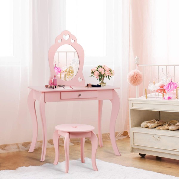 Costzon Kids Vanity Set with Mirror, 2 in 1 Wooden Princess Makeup Vanity Dressing Table with Detachable Top, Toddler Vanity Set with Drawer & Stool, Pretend Play Vanity Set for Little Girls, Pink