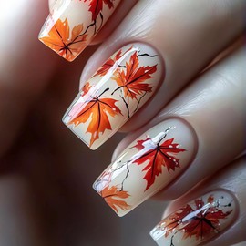 MERVF Fall Press on Nails Medium Square, Maple Leaf Fake Nails Autumn Soild Color Design Glue ons Acrylic Nail Glossy 24pcs Thanksgiving