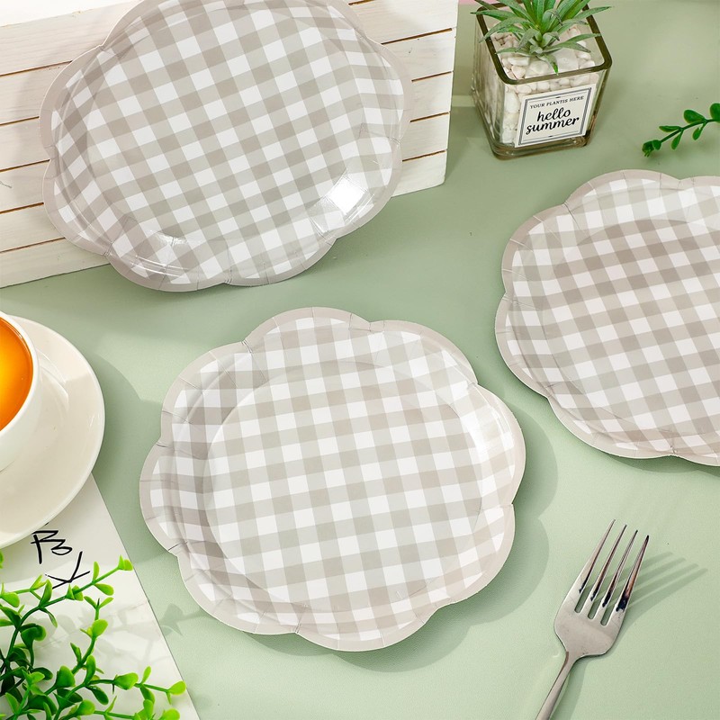 60Pcs Fall Gingham Paper Plates, Light Gray, 7 Inch