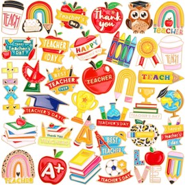 DTOFOOT 36 PCS Teacher Enamel Brooch for Hats Teacher Appreciation Label Badges Last Day of School DIY Brooch Pins for Teacher Student Clothes Bags Backpack Back to School Jewelry Decoration