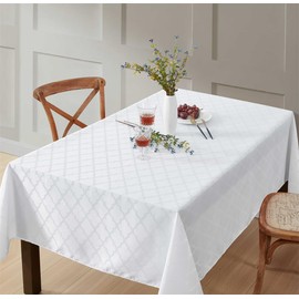 HLC.ME Modena Fabric Tablecloth, Jacquard Fabric Table Cloth for Rectangle Table, Advanced Water Resistance, Fade, and Wrinkle Resistant Table Cloth, Geometric Lattice Pattern - White, 60x84