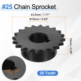 sourcing map 2 Pcs #25 Chain Roller Sprocket 16mm Bore, 1/4" Pitch 20 Tooth C45 Carbon Steel ANSI #25 Roller Sprocket Keyway 5 x 2.3mm with Set Screws for ISO 04C Chain