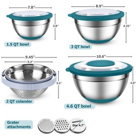 TeamFar Mixing Bowls, Stainless Steel Salad Bowls with Lids Set, Rotatable Colander & 3 Grater Attachments, For Mixing/Draining/Grating, Healthy & Easy clean, 1.5 QT/ 3 QT/ 4.6 QT, Blue