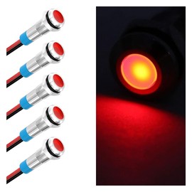 5PCS 6MM 1/4"LED Indicator Light, AC/DC 12-24V Waterproof IP66 Metal Signal Lamp, Metal Indicator with 145mm Wire, Automotive LED Indicator Light for Cars Trucks Boats (Red)