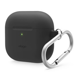 elago Funda de Silicona Compatible con la Funda de AirPods 4 - Mosquetón Incluido, Soporta Carga Inalámbrica, Resistente a Golpes, Protección Completa (Negro)