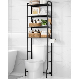Kitsure Over Toilet Storage Rack - Metal Over Toilet Bathroom Organizer Shelf, Over The Toilet Storage Cabinet with Paper Holder and Hooks, Bathroom Cabinet for Laundry, Black, 4 Tiers (74.2" H)