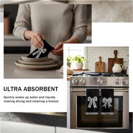 DOFQZ Coquette Lace Bow Print Kitchen Towels Set of 2, Black and White Lace Bow Print Dish Tea Towels for Kitchen, Girly Aesthetic Hand Towels for Bathroom, Coquette Bathroom Decor, 16x24 Inch,CC057