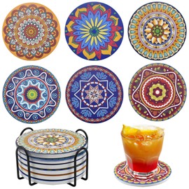 Jinlaili 6pcs Drink Coasters Set, Absorbent Ceramic Coasters with Holder, Mandala Coasters with Non-Slip Cork Back, Housewarming Gift Stone Coaster, Round Rustic Coasters for Home Restaurant Office