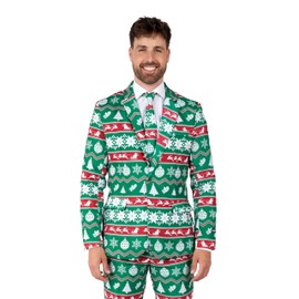 SUITMEISTER Men's Christmas Suit - Festive Ugly X-Mas Holiday Nordic Print - Red - Green - Includes Blazer, Pants - Tie