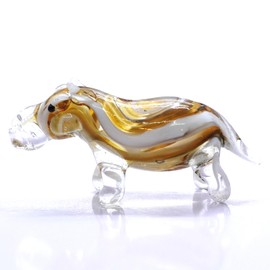 Sansukjai Hippo Tiny Miniature Figurines Hand Blown Glass Art Animals Collectible Gift Home Décor (White Amber)