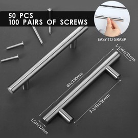 Nuogo 50 Pack 6 Inch Brushed Cabinet Pulls Kitchen Stainless Steel Drawer Handles 3-3/4 Hole Center Bar Cabinet Hardware Silver Drawer Handles for Door Furniture