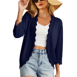 Bellcoco Lightweight Summer Cardigan Shrug for Women - 3/4 Sleeve Open Front Cropped Sweater With Shell Edge Knit (Navy Blue, XL)