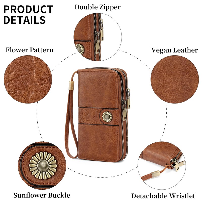 SENDEFN Wallet for Women Leather Double Zipper RFID Blocking Card