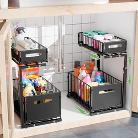 Under Sink Organizer, 2-Tier Sliding Pull out Metal Cabinet Organizer, 2 Pack Anti-slip heightening Large Capacity Heavy Load Under the Sink Storage for Kitchen,Bathroom,Desk,Counter (Black, 2 Pack)