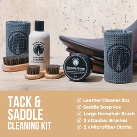 Rhino Wax - Saddle Cleaning Kit (Saddle-Soap + Leather Cleaner + Brushes + Cloths) - Clean Saddles Bridles Boots Reins Straps and Other Tack Leathers - Proudly Made in the USA
