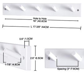 DSEAP Wall-Mounted Coat Rack: 16-Inch Hole-to-Hole, 5-Peg Coat Hanger Hooks for Hanging Towels, Hats, Clothes - White, 2 Pack