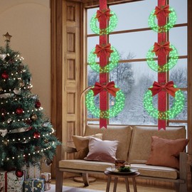 Hmlinktt 3-Piece Outdoor Lighted Christmas Wreath, 61"L Christmas Wreaths with 3 Red Bow & 300 LED Lights, Christmas Wreaths for Front Door with Hook, Wreath Decorations for Home Yard, Green, Set of 2