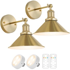 Bailoch Gold Vintage Wireless Battery Operated Wall Sconces, Industrial Cordless Battery Powered Led Wall Lights Set of 2, Wall Lamp Fixture Indoor with Remote Control for Bedroom Farmhouse Gallery