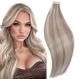 RUNATURE Blonde Tape in Extensions Human Hair Highlight Grey Blonde Tape in Hair Extensions Real Human Hair Blonde Tape Extensions Straight 22 Inch 50 Gram