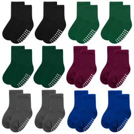 jealkip 12 pack baby socks, cotton crew children's socks, non-slip grip socks, unisex, for toddlers, boys, girls, Black/Green/Darkgreen/Redbrown/Darkgray/Sapphireblue, 6 Months