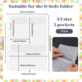 SOFPLATE 12 Sheets A5 Binder Inserts Pockets 6 Hole Binder Inserts 8.4 x 5.9 Inch PVC Waterproof Loose Leaf Dividers Three Folder Storage Protector Bags for Cutting Dies Stencil Album Stamp DIY Craft