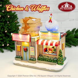 FG Square Chicken and Waffles Restaurant Themed LED Lights Animated Christmas Village with Motion and Sound 10" x 6" x 10"
