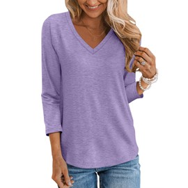TICTICMIMI Women's V Neck 3/4 Sleeve Tops Casual T Shirts Basic Summer Tees Loose Fit Pullover Tunic Lavender