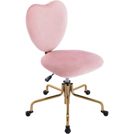 Velvet Office Swivel Desk Chair, 360° Swivel Upholstered Home Office Desk Chairs with Adjustable Wheels Pink Vanity Study Reception Chair Gold Office Chairs for Girls, Pink