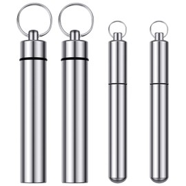 Boao 4 Pieces Metal Portable Toothpick Holder 2 Sizes, Stainless Steel Pocket Holder Aluminum Waterproof Case Toothpick Container with Keychain for Outdoor Picnic and Camping (Silver)
