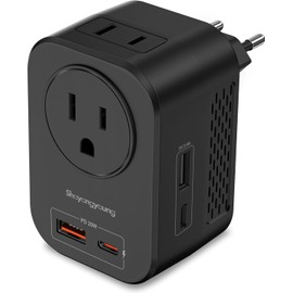 Shayangyoung 220V to 110V 20W PD Voltage Converter US to Europe International Universal Travel Adapter with 2 USB-A 2 USB-C Port Worldwide Power Converters Plug Combo for Spain Italy (Black)
